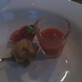 Tomato soup shot, bacon and potato roll at Mercur