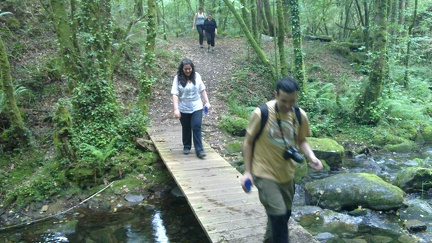 Crossing a stream through a wooden bridge